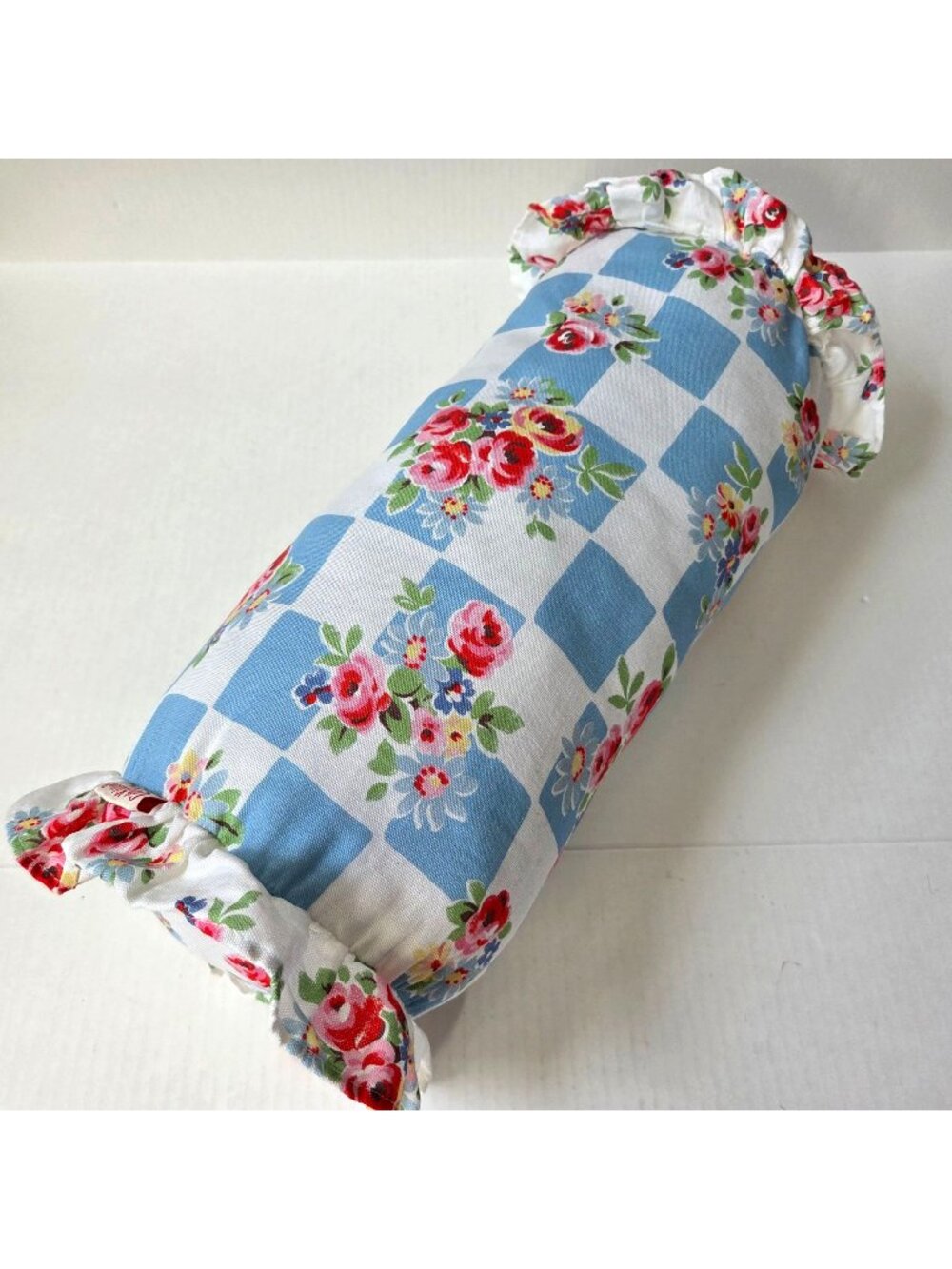 Cath Kidston London White Daisy Rose Blue Check Bolster Pillow 20"X8" Cottage Fl
